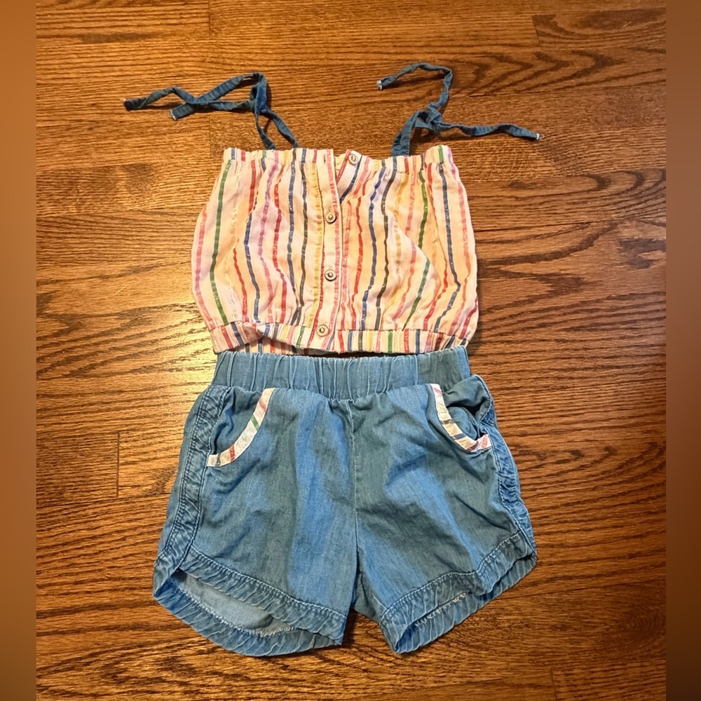 Girls' Stripe Tank & Denim Shorts Matching Set - Pink Multicolor